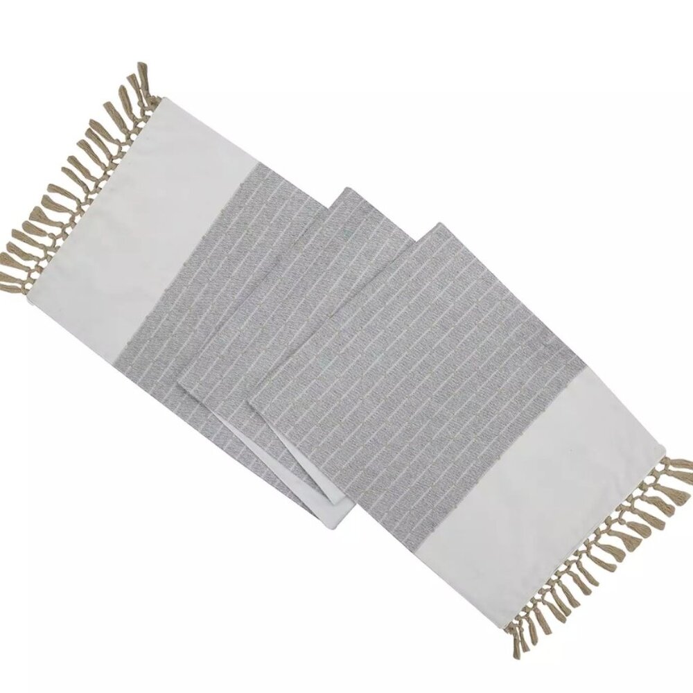 Farmhouse Table Runner 72"L Neutral Gray Woven Runner Fringe Accents 100% Cotton
